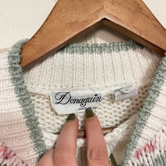 Vintage Womens White Mock Neck Cable Fisherman Knit Bobble Hearts Sweater Medium - Picture 2 of 9